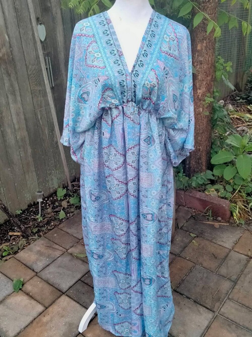 Women Silky Blue Boho V Neck Maxi Print Dress New With $ 45 Tags One Size